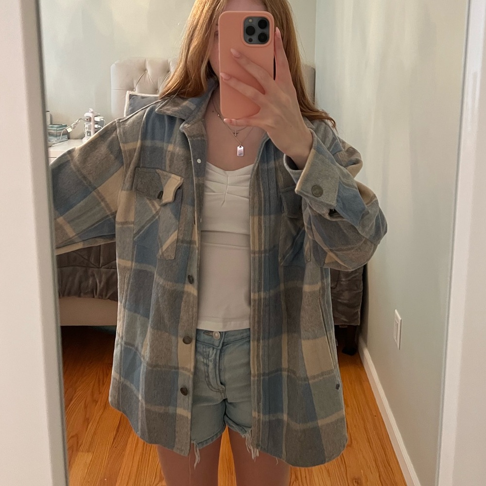 RSQ Blue and Cream Plaid Shacket